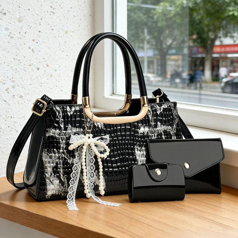 Women Accessories Bag - Kadın Çanta Seti, Timsah Desenli Gece
